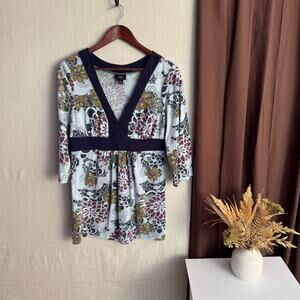 Mossimo Blouse Size L Blue Floral Babydoll Style 3/4 Sleeve V-Neck Top